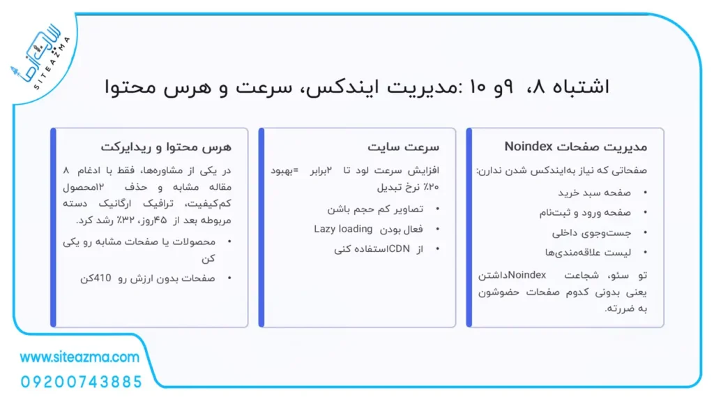 اشتباه 8،9و 10 : مدیریت ایندکس، سرعت و هرس محتوا siteazma.com